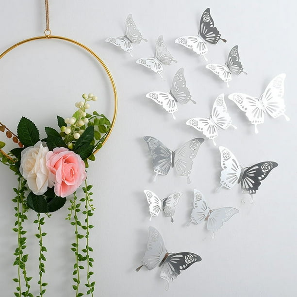 Decoración de pared con mariposas, espejo de bricolaje, pegatinas de mariposas 3D, calcomanías de mariposas extraíbles para el hogar, dormitorio, baño, sala de estar (mariposa, plata)