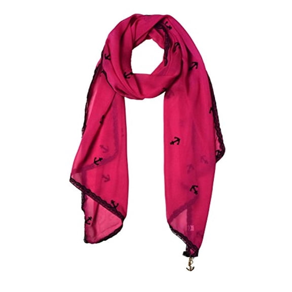 Sheer Vintage Anchor Embossed Scarf with Anchor Charm & Lace Border