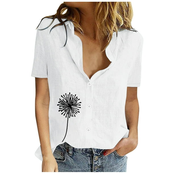 Mujeres Impreso Manga Corta Botón Suelto Turndown Collar Camisa Blusa Sólida Tops OAVQHLG3B Store lin121212
