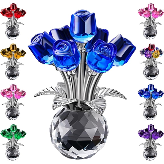Crystal Colorful Rose Flower Collectible Figurine with Vase, Rose Glass Flowers, Floral Romantic Decorative Keepsake