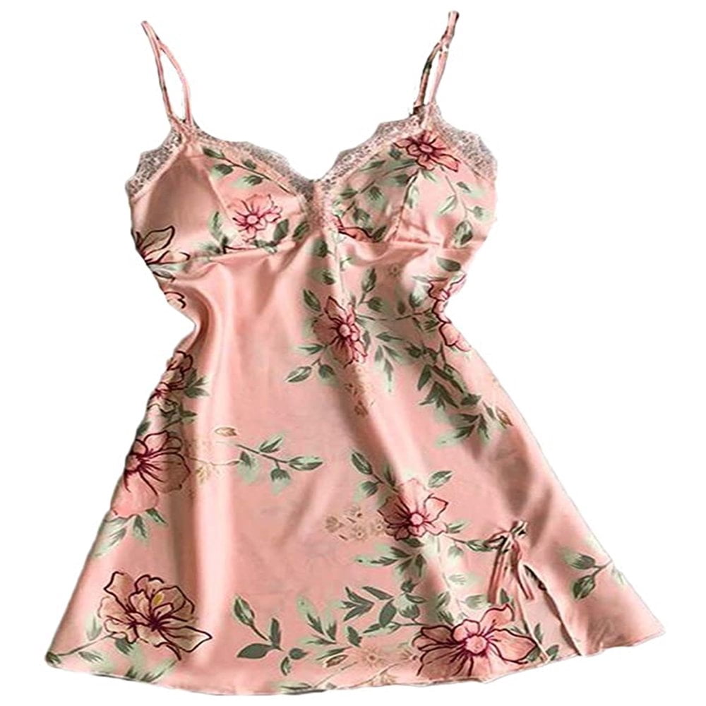 Women V Neck Silk Lace Babydoll Pajamas Set