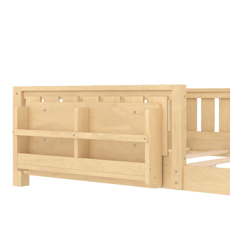 Bellemave Queen Size Floor Bed with Bookshelf, Wood Montessori Beds with Slats and Safety Guardrail, Low Profile Queen Bed Frame with Fence, No Box Spring Needed (Light Natural)