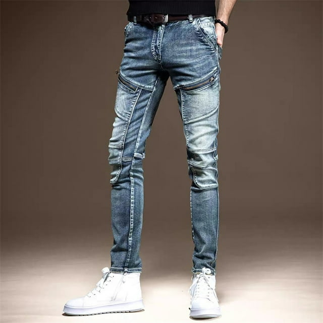 Spring Autumn Vintage Motorcycle Zipper Designer Classic Slim Splice Cowboy Streetwear 90s Slim Punk Cowboy Work Jeans Man Pants