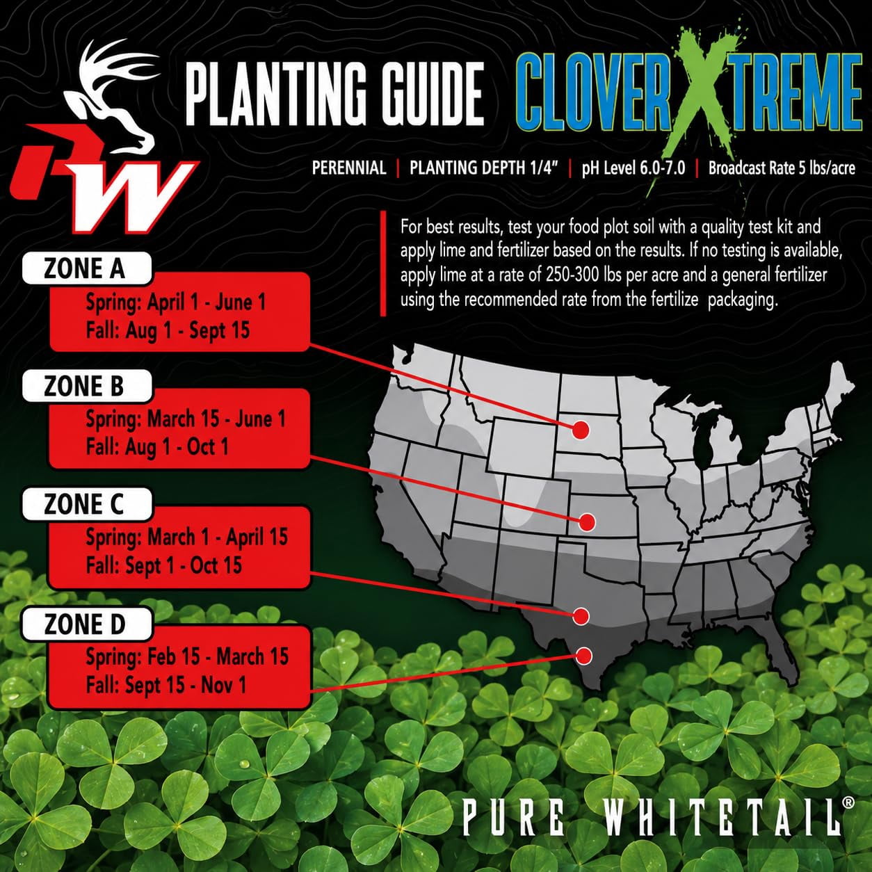 Pure Whitetail Clover Xtreme Perennial Food Plot Seeds for Deer, 5 lb Bag Plants 1 Acre