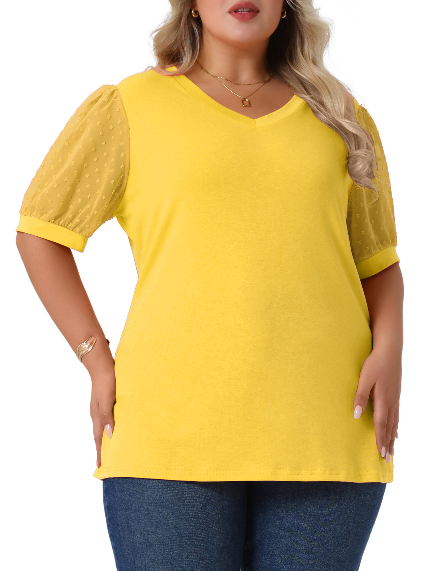 Women's Plus Tops V Neck Swiss Dots Puff Sleeve Casual Blouse Shirt 3X Yellow