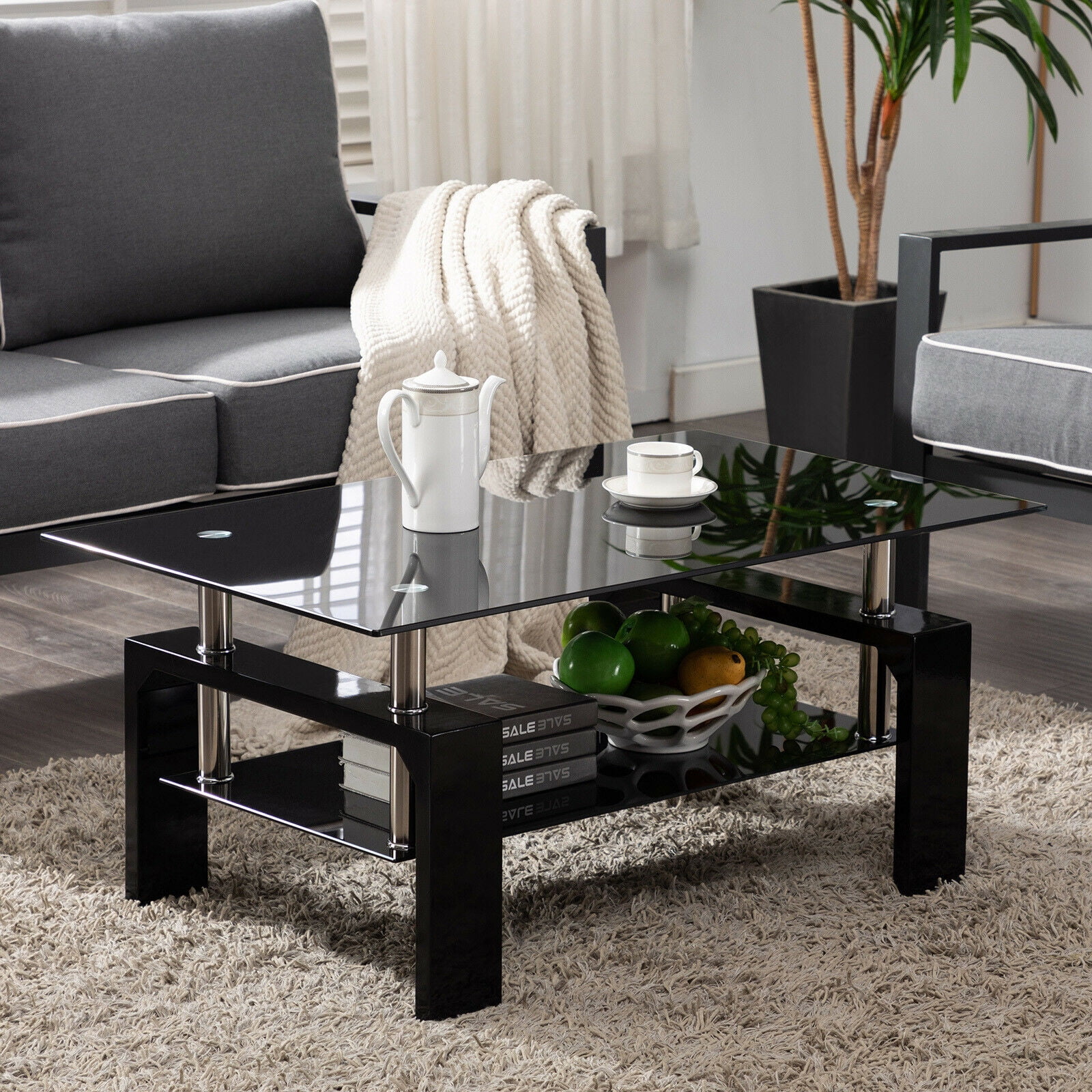 Black Tempered Glass Coffee Table Rectangle Side End Table Living Room Furniture