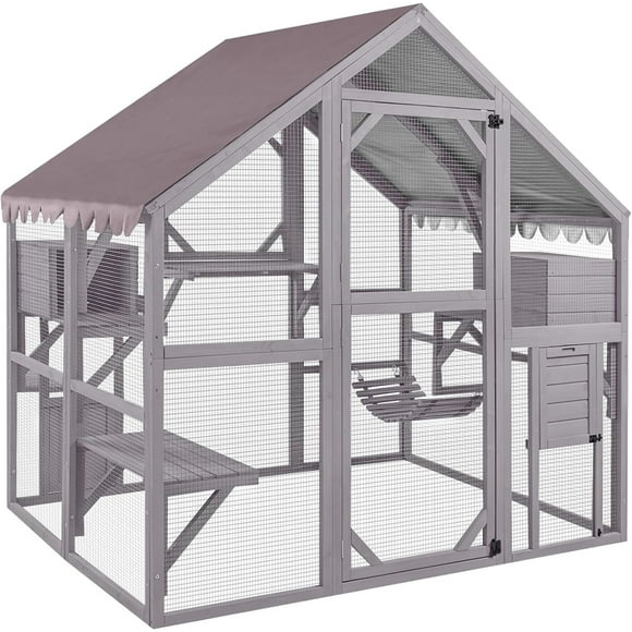 Aivituvin Large Cat Catio Walk-in Enclosure Wooden Cage with Bridges, Platforms, Rest Rooms, Roof Cover