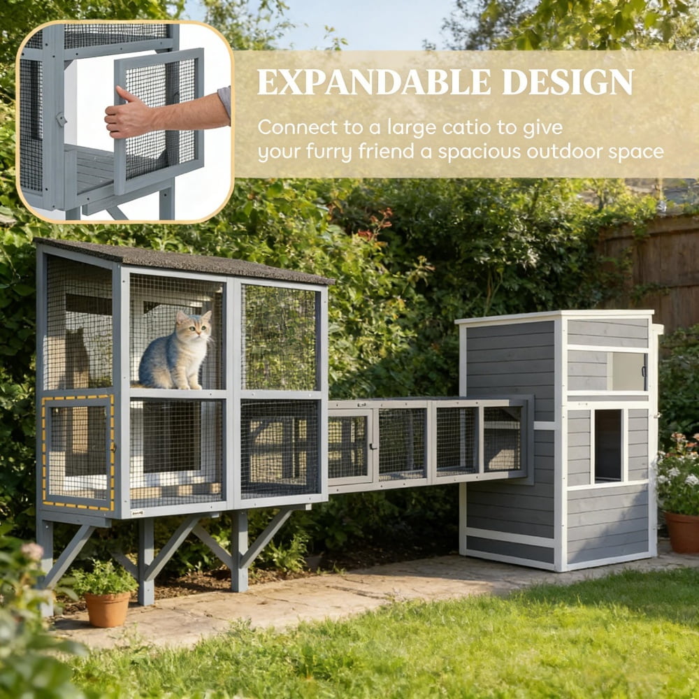 Wall-Mounted Catio Cat Enclosure 2-Tier Large Outdoor Cat House with Waterproof Roof & Secure Mesh Window Cat Perch for 1‑2 Cats Gray Wooden Cat Patio