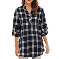 thumbnail image 1 of Otoño mujer camisa de tartán a cuadros con cuello en v botones pulóver puños manga larga suelta cami Abanopi Aqua/Grande, 1 of 7
