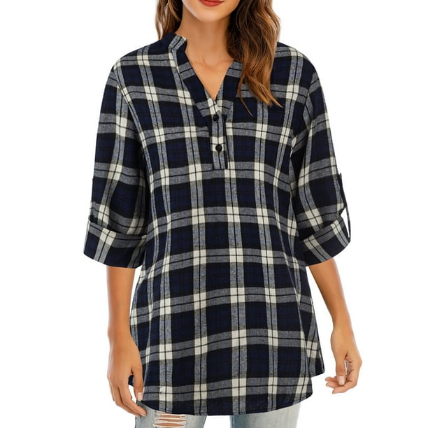 Otoño mujer camisa de tartán a cuadros con cuello en v botones pulóver puños manga larga suelta c Romacci Camisa a cuadros