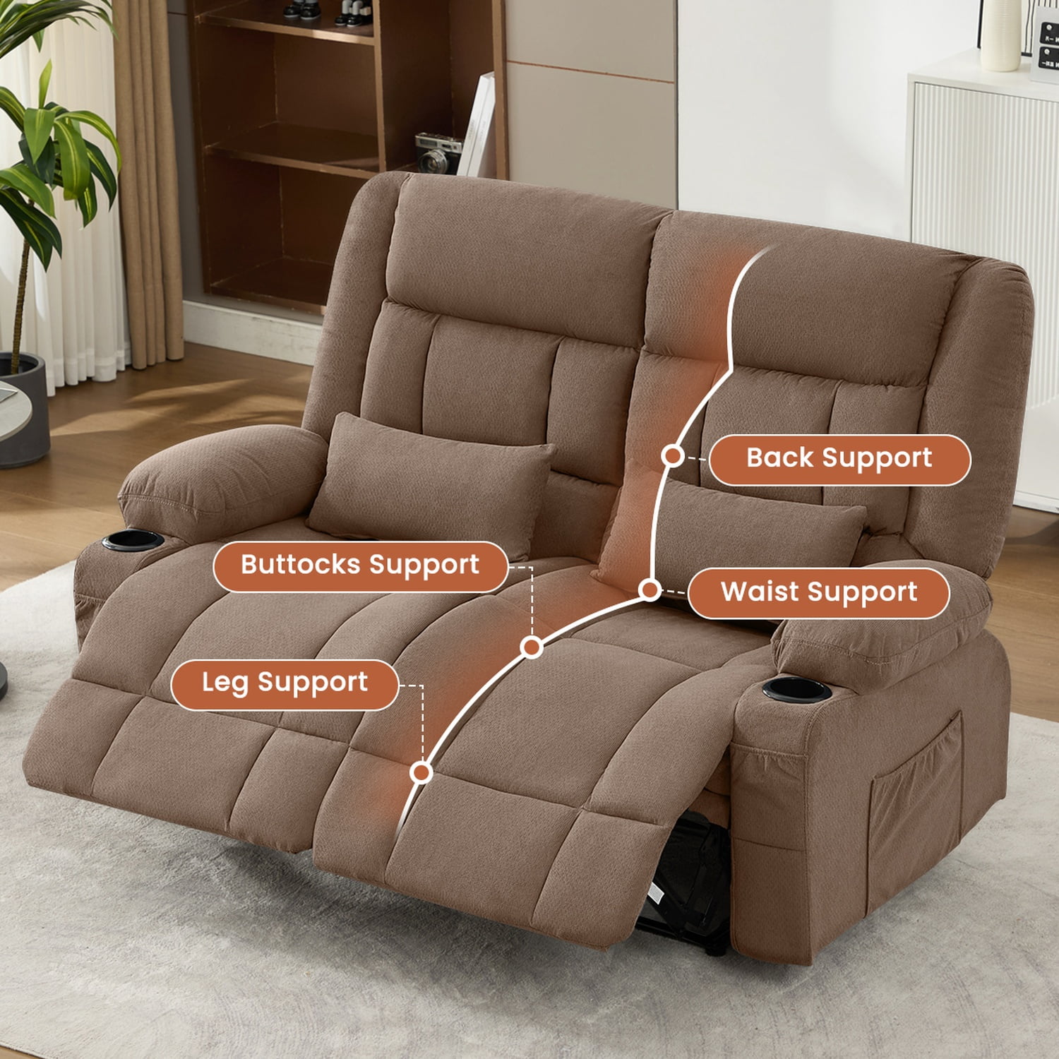 Alvantor Loveseat Recliner Sofa for Adults with Cup Holders, Modern Overstuffed Manual Sofa Chair for Home Theater Brown