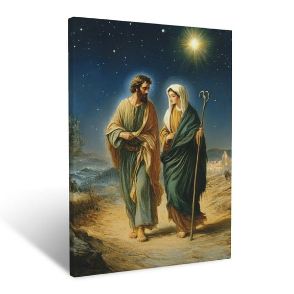 CozyNet Mary And Joseph Journeying To Bethlehem Under A Brilliant Guiding Star In The Night Sky Wall Art Prints With Frame Canvas Perfect for Living Room & Bedroom, Ready to Hang, Wall Decor 12"x16"