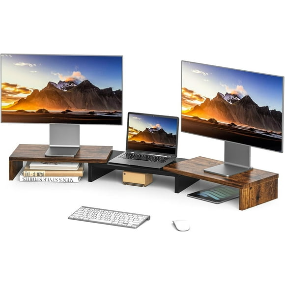 Dual Monitor Stand with Adjustable Length and Angle, 48.2&quot; Desk Riser for Computer Monitors, Brown Office Accessory