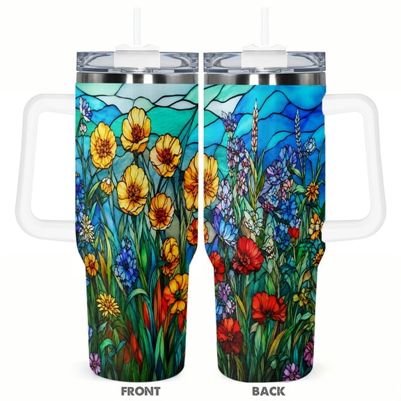 40oz Stained Glass Wildflower Insulated Tumbler with Handle and Straw Colorful Floral Travel Coffee Cup Gift