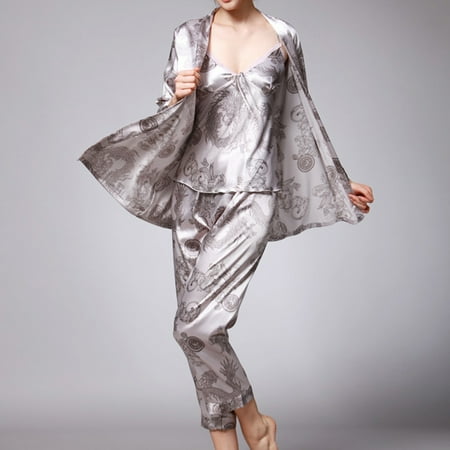 

Women s Pajamas Set 3-Piece Silk Satin Sleepwear Printed Nightwear