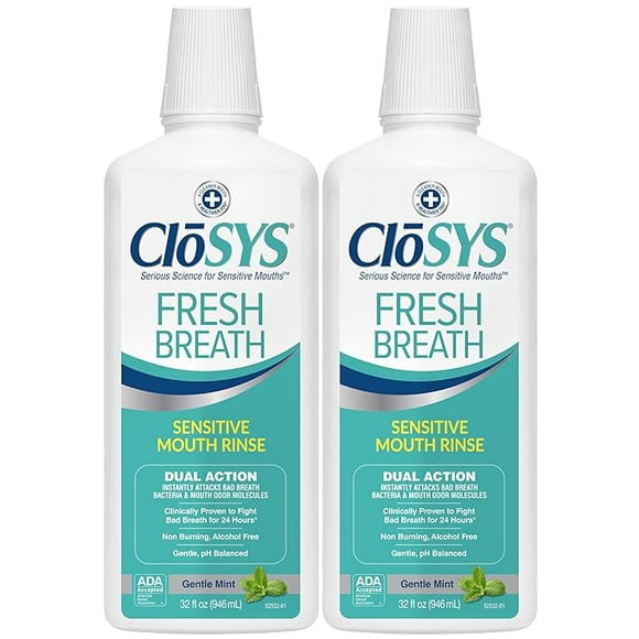 CloSYS Sensitive Mouthwash, 32 Ounce, 2 Count, Gentle Mint, Alcohol Free, Dye Free, pH Balanced, Helps Soothe Mouth Sensitivity, Fights Bad Breath