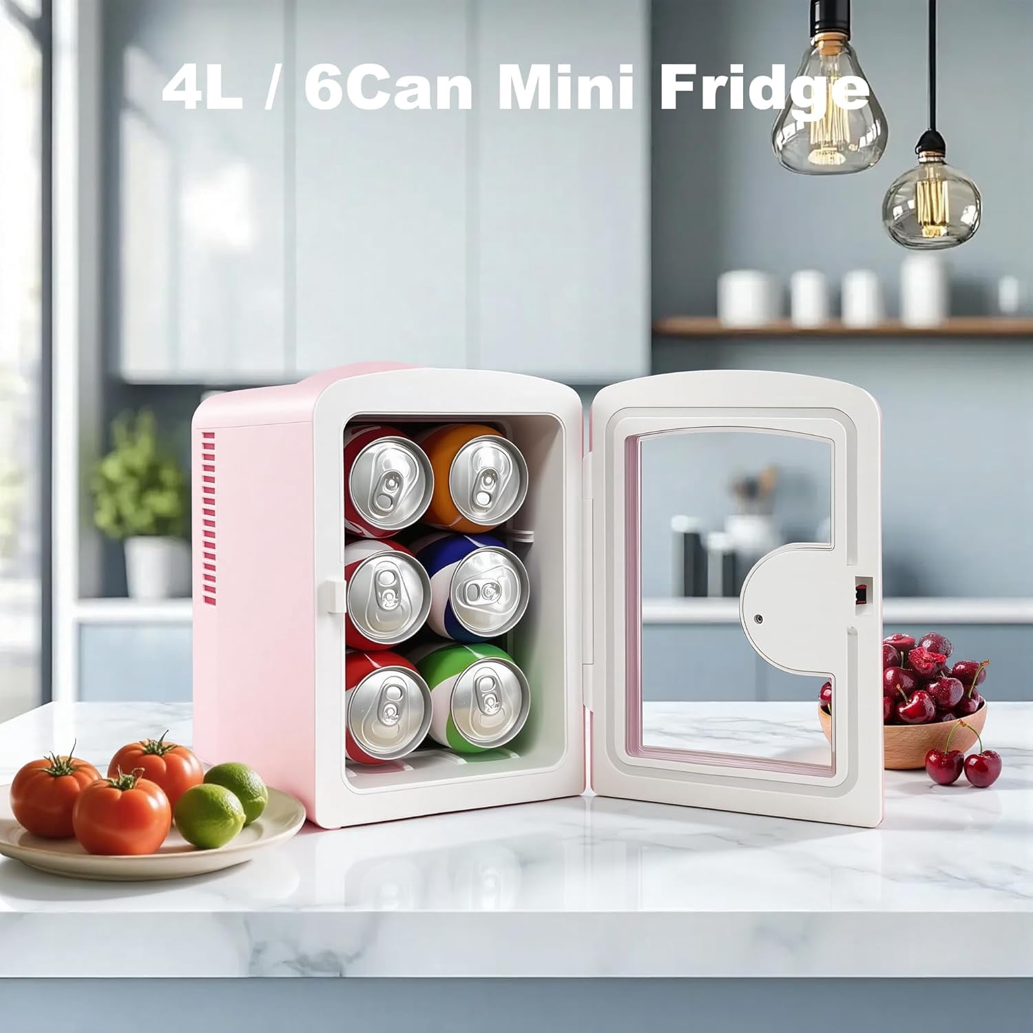 Fridge, Skincare Fridge with Viewing Window, 4 Liter /6 Cans Compact  Makeup Fridge for Beauty & Beverages, Tiny Fridge for Desk, Bedroom, Car, Office, Dorm, Gift - Pink