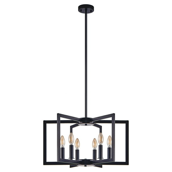 22" 6-Light Geometric Chandelier - Industrial Pendant Lighting for Living Room, Dining Room, Kitchen - Modern Black Metal (Bulb Not Included)