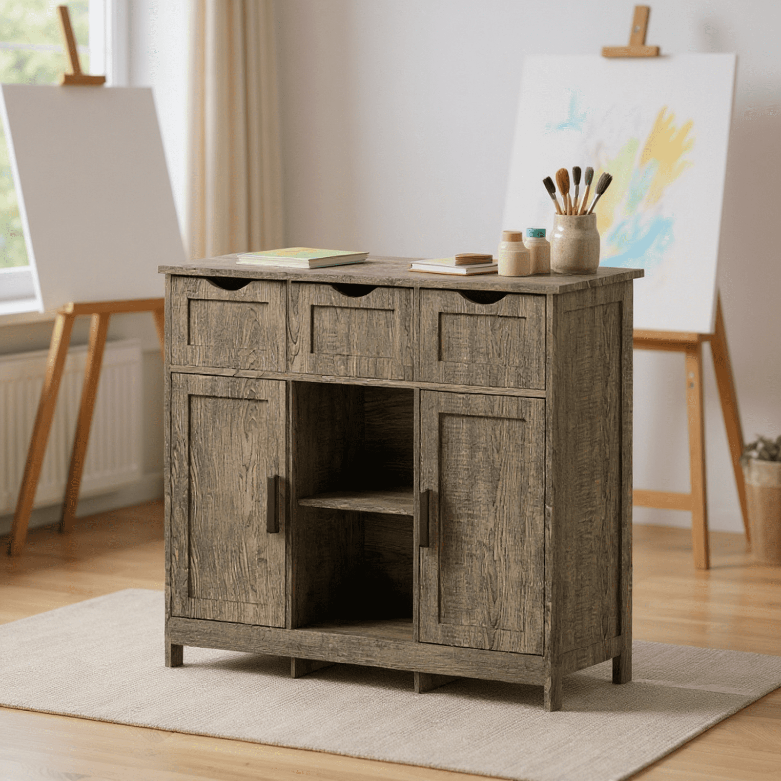 Homy Casa Gray Accent Storage Cabinet with Drawers and Shelves, for Living Room and Dining Room