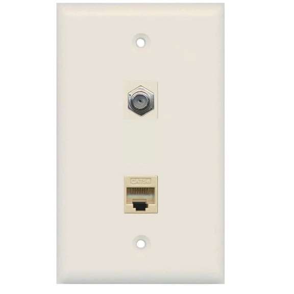 RiteAV - 1 Coax F Type and 1 Cat5e Ethernet Port Wall Plate - Light Almond - Bracket Included