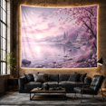 thumbnail image 6 of Cherry Blossom Tree Over Coastal Cottage at Twilight, Dreamy Japanese Inspired for Nature Lovers, Floral Landscape Art, Housewarming Gift, Tapestry Wall Hanging for Bedroom and Living Room, 6 of 7