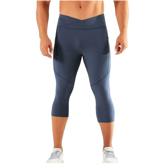 Men's Quick Dry Compression Capri Pants, High Waist Butt Lifting Elastic Athletic Running Gym Workout Base Layer Tights,Navy,XXL