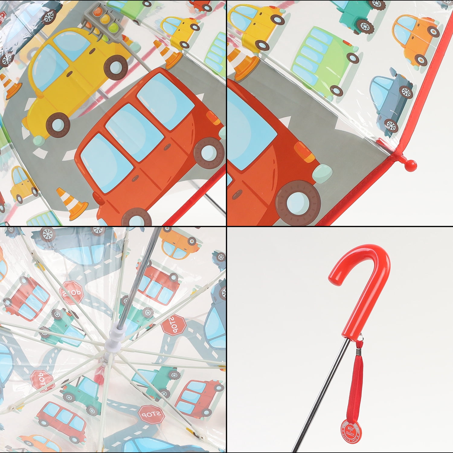 Kid's Clear Transparent Umbrella with Cartoon Cars Pattern, Red Trim, Durable Windproof Children's Rain Umbrella for Boys, Toddler Outdoor Rain Gear