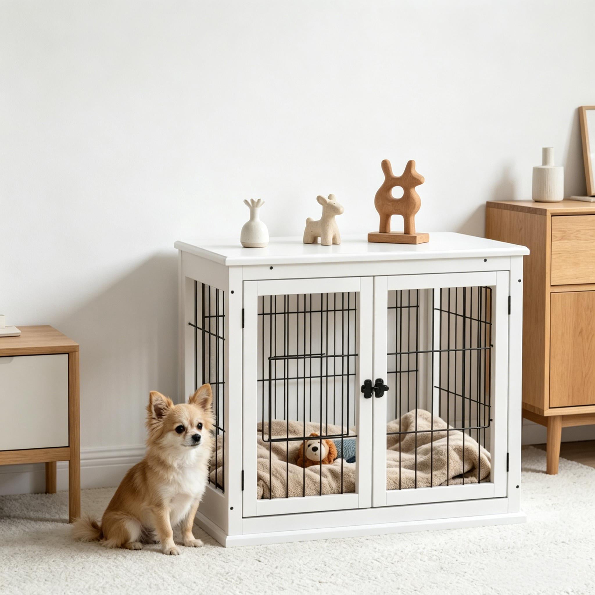 2-in-1 Dog Crate End Table, Furniture-Style Puppy Kennel with Double Entrances & Lockable Doors, Sturdy MDF Frame, for Small & Medium Dogs Up to 44 lbs