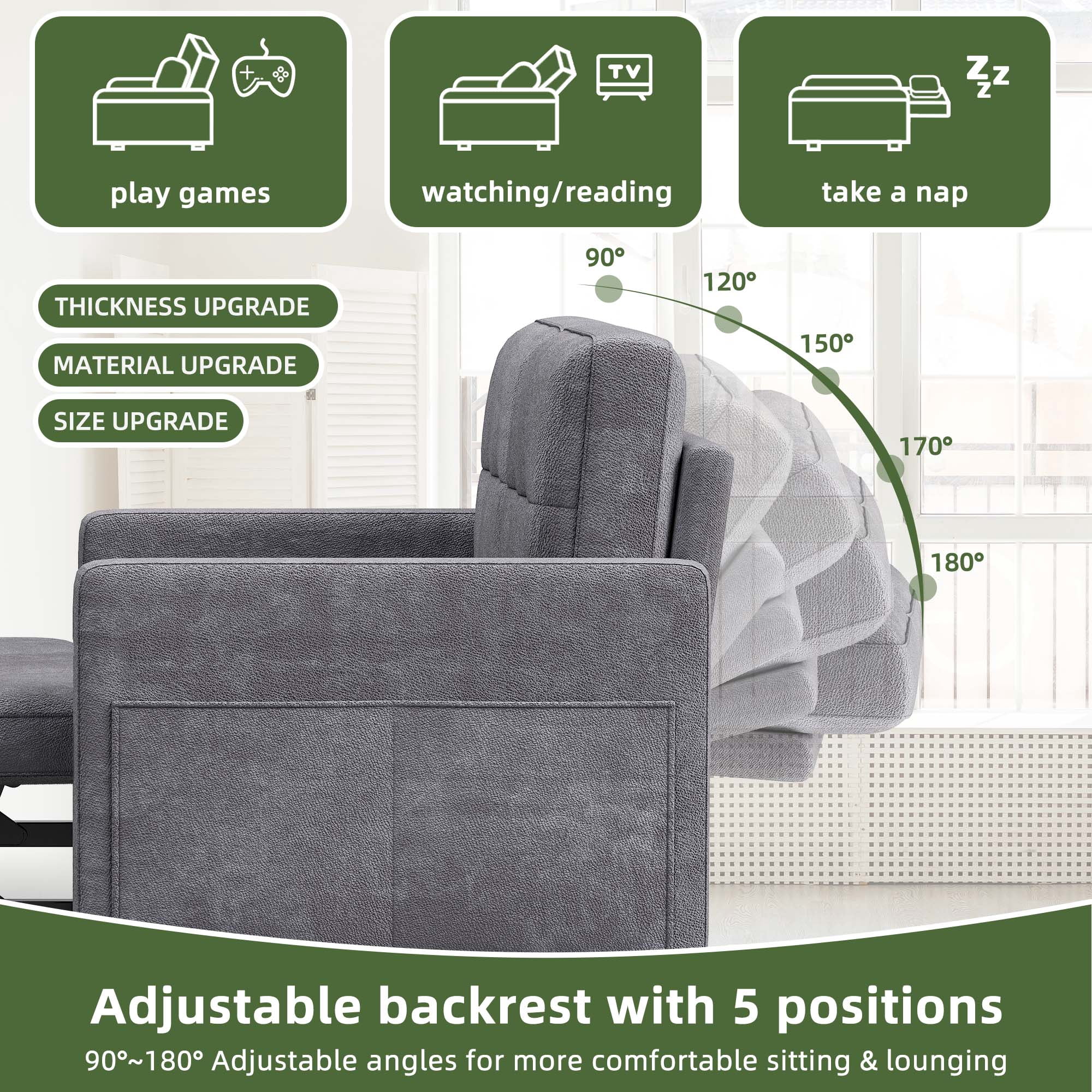 Uforic 3-in-1 Convertible Futon Sofa Bed, Modern Couch Cat-Scratch-Proof Loveseat Sleeper for Small Place, Gray