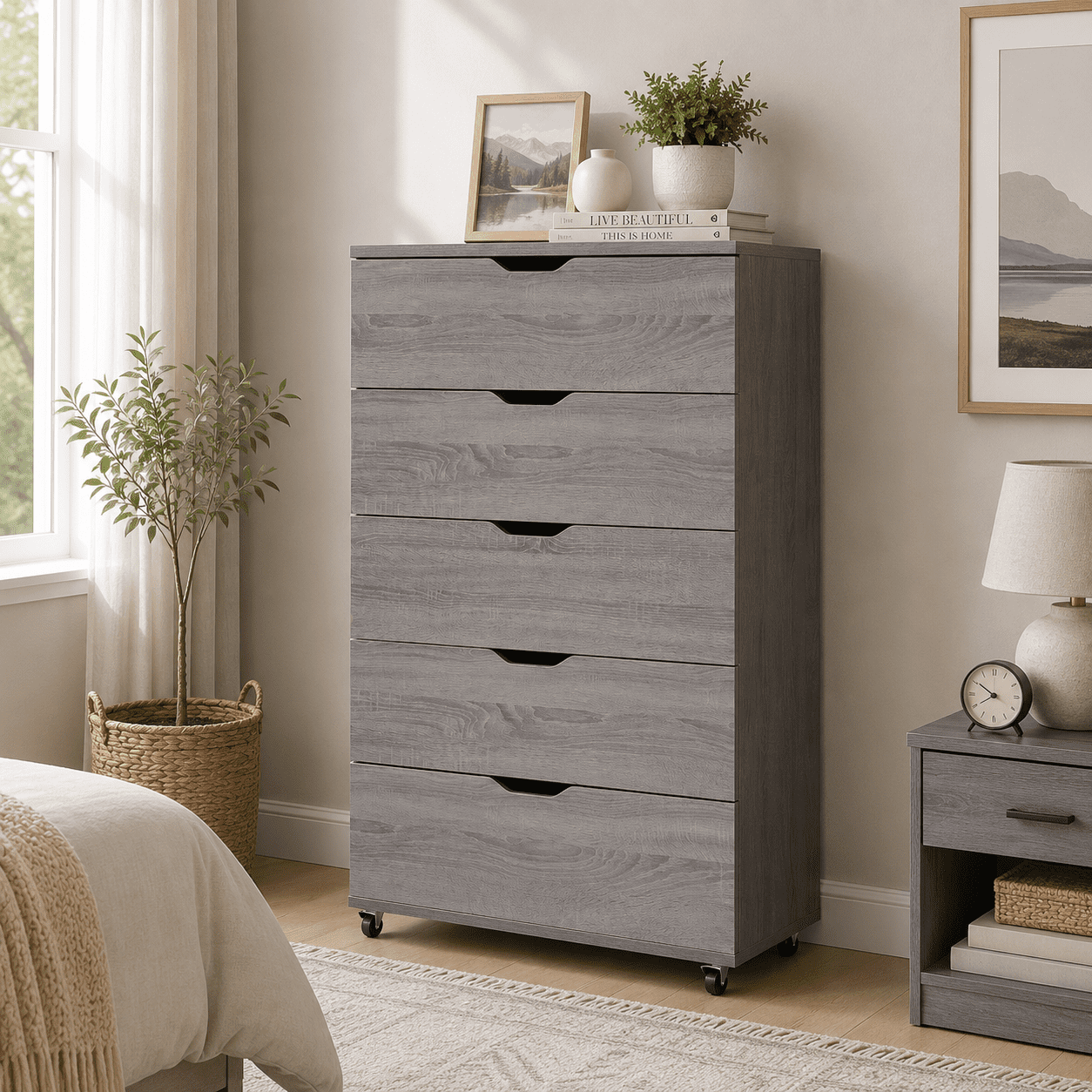 Homy Casa Gray Wood 5 Drawer Dresser Chest with Wheels for Bedroom Closet