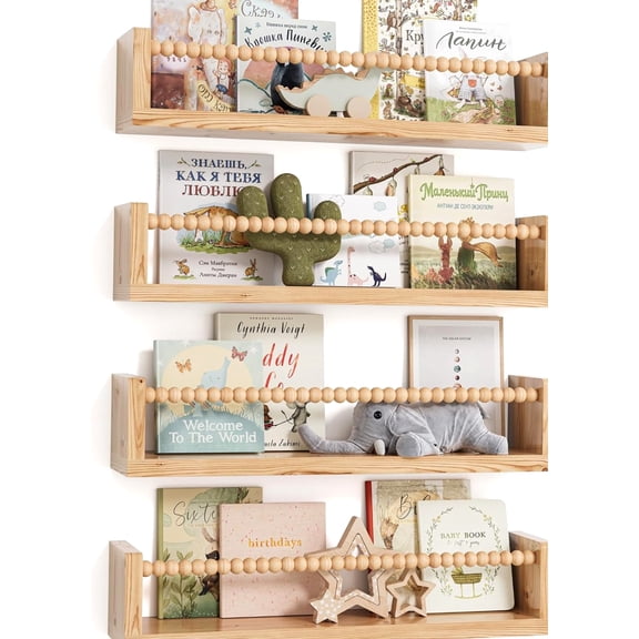 Nursery Floating Shelves for Wall Set of 4 16.5 Inches, Wood