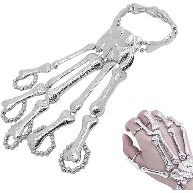 pulsera de mano de esqueleto para Halloween, estilo punk, gótico, con forma de esqueleto, hueso, mano, garra, calavera, joyería para fiesta (plata)