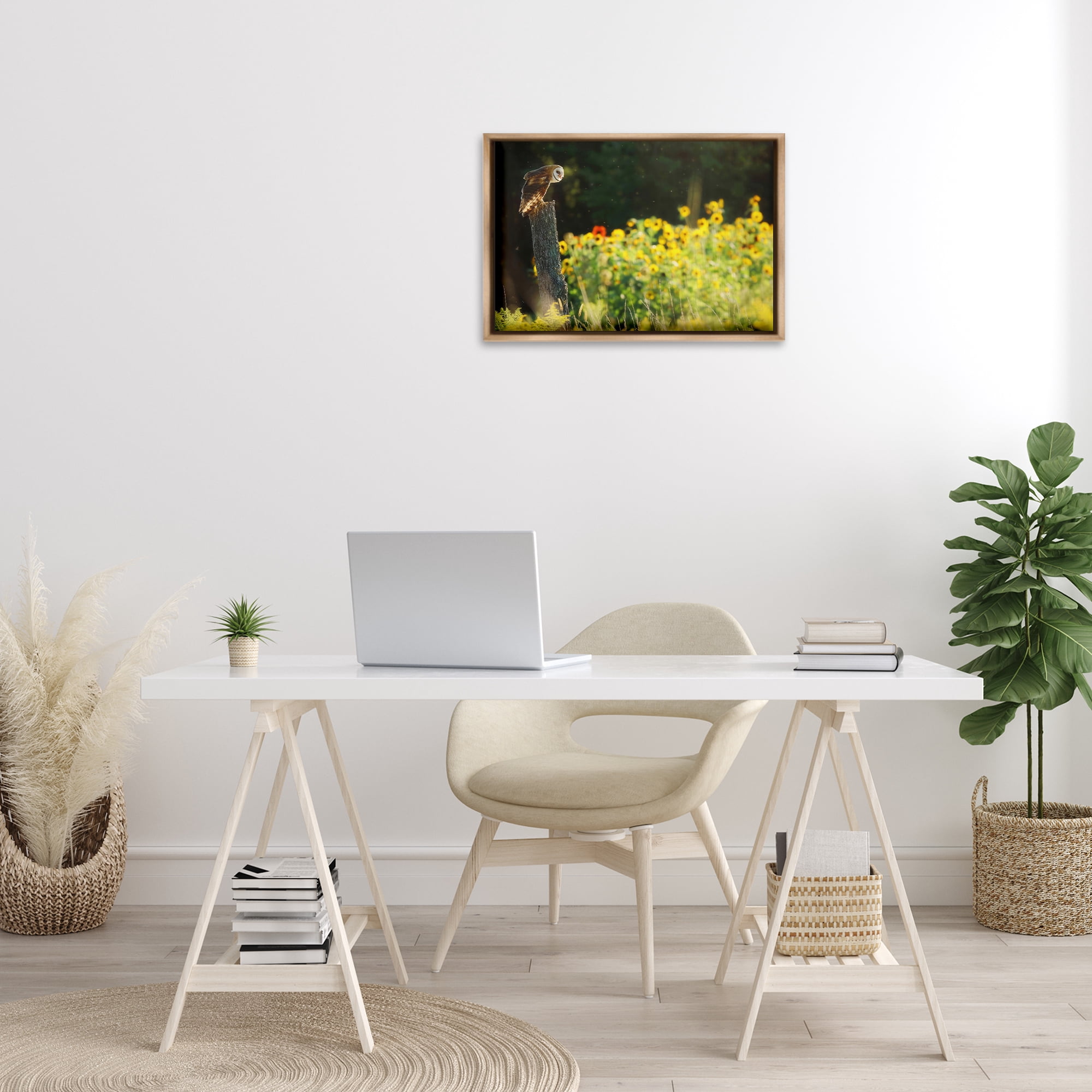 Stupell Industries Owl Perched in Meadow Landscape Photography Brown Floater Framed Canvas Art Print Wall Art, 25 x 17