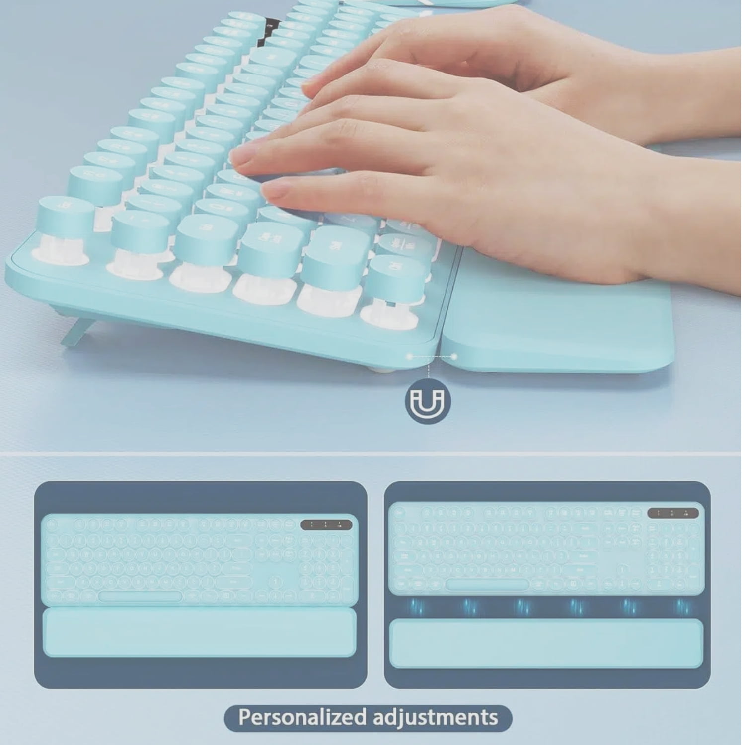 Wagpak Wireless Keyboard and Mouse Backlit - Retro Round Keycaps, Detachable Wrist Rest, Mint Green, New, 1 Count