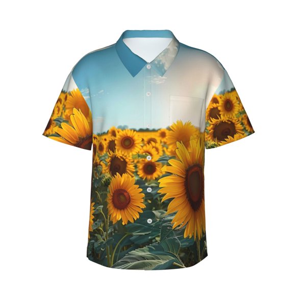 Fotbe Sunlit Sunflower Field for Men Unisex Summer Beach Casual Short Sleeve Cotton Linen Button Down Shirts,Medium