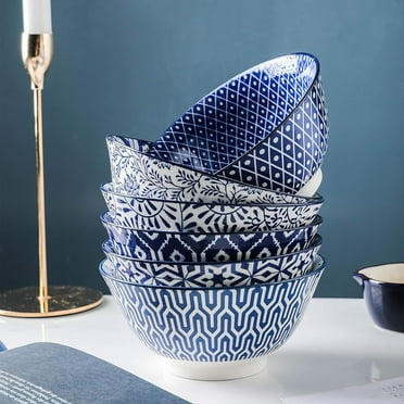 Mino Ware 5-Piece Geometric Dinnerware Set - Small Bowls, Blue Dyed Pattern, Microwave & Dishwasher Safe
