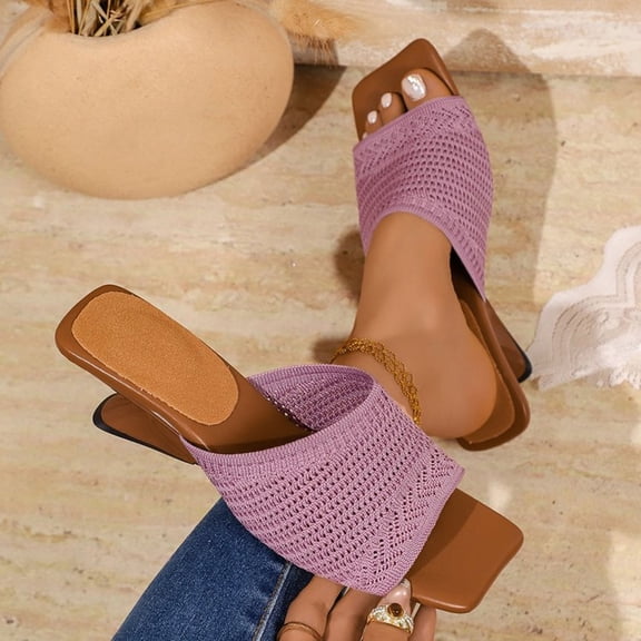 Women Breathable Hollow Knit Wide Strap Square Toe Special Wave Wedge Heel Slip On Summer Slide Mules Purple 6.5