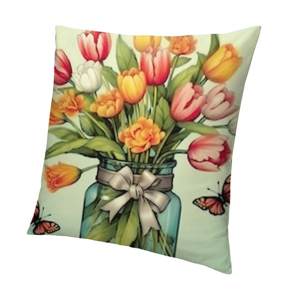 Spring is in The Air Decorative Throw Pillow Covers4, Bless My Blooms Tulip Flower Cushion Case Decor, Floral Stripes Bow Farmhouse Home Decoration for Sofa Couch