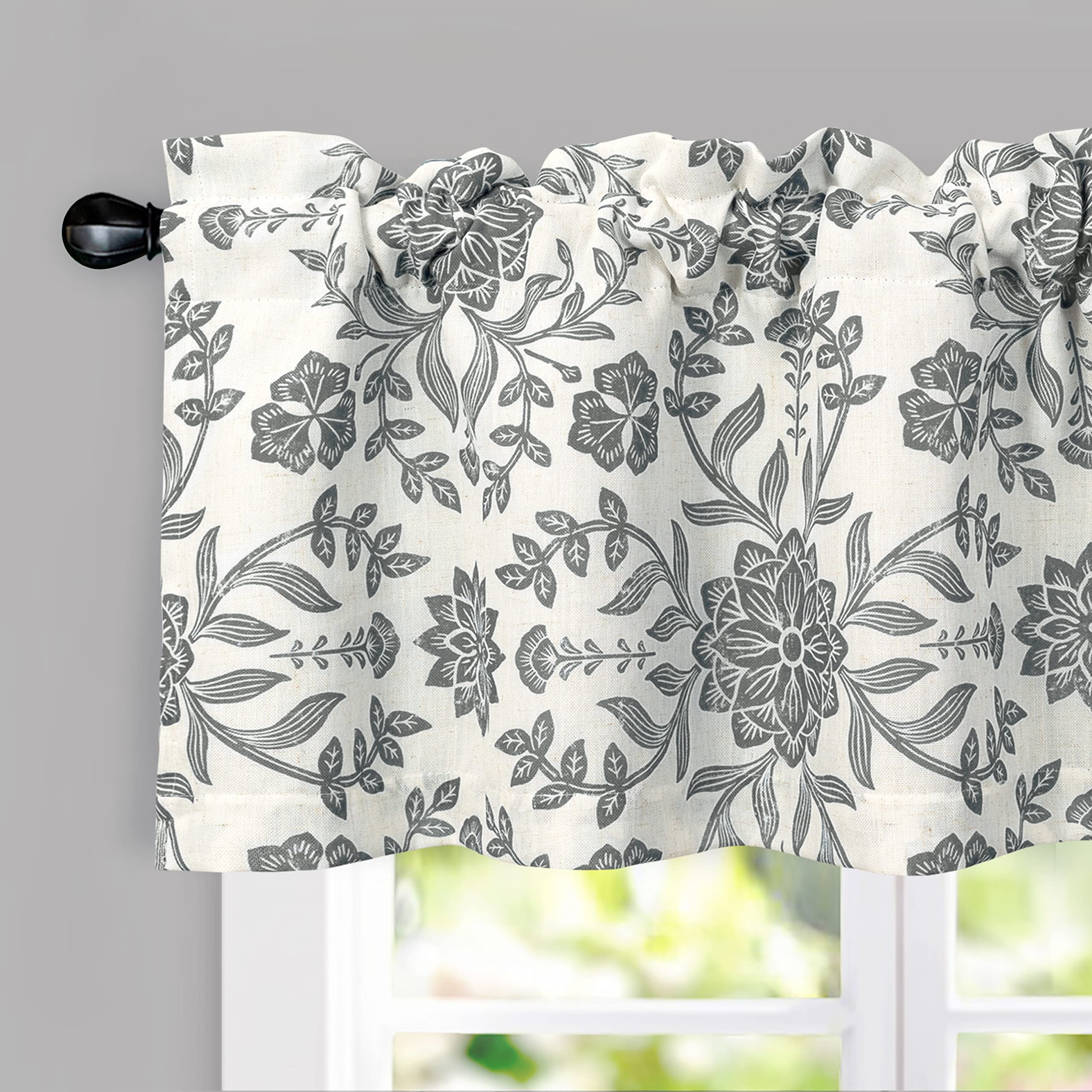 DriftAway Twyla Linen Blend Blackout Valance for Kitchen 18 Inch Length Boho Floral Printed Lined Rod Pocket Room Darkening Window Curtain Valance for Living Room Bedroom 52x18 Inch Ivory Gray