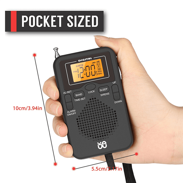 Radio Portable Mini AM FM Radio Météo Radio de Poche Écran LCD Réveil Numérique Lecteur Radio