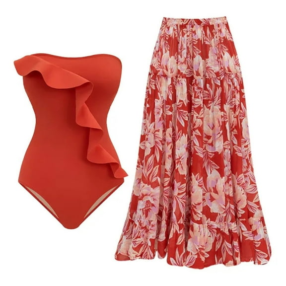 WREESH Womens One Piece Swimsuit with Beach Cover Up Wrap Skirt Sarong New French Retro Belly Covering and Slimming Two-Piece Swimsuit Beach Skirt Bathing Suit Red