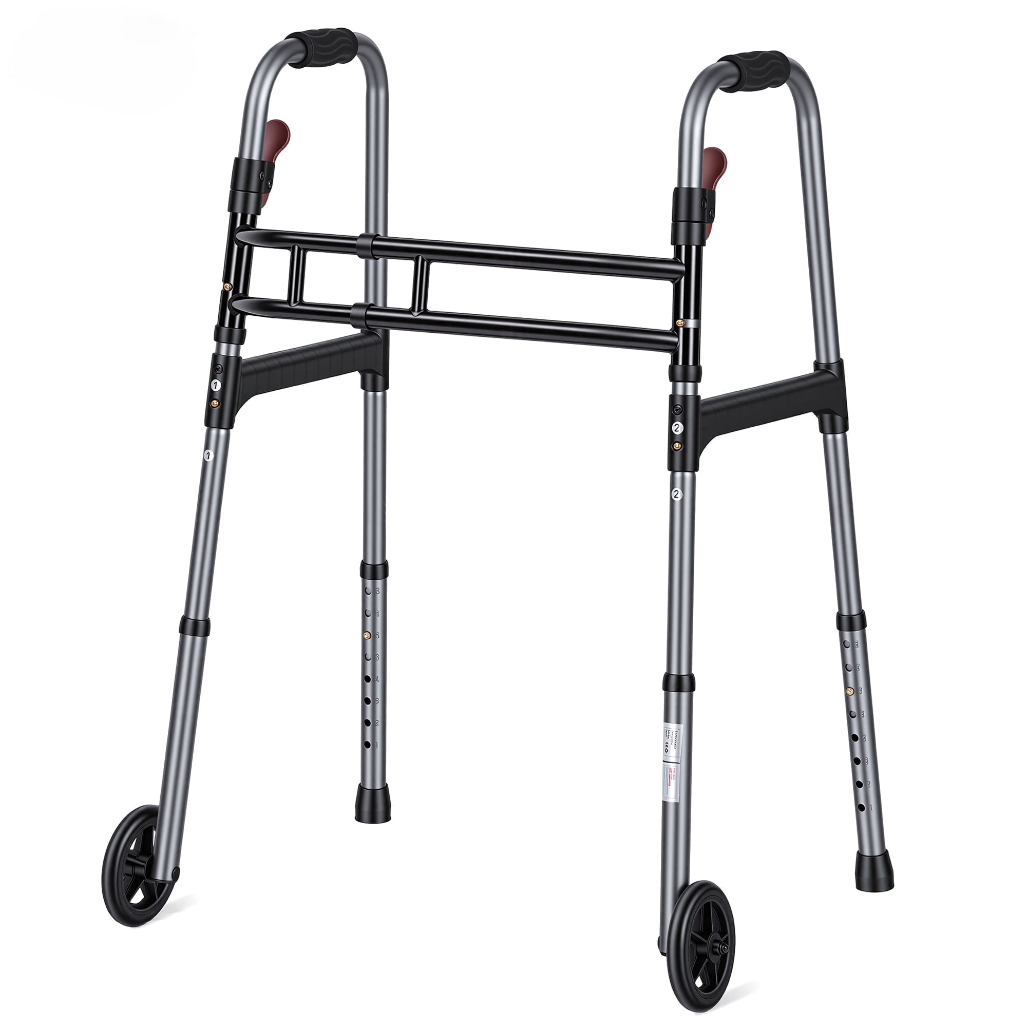 Naipo Compact Folding Walker for Seniors,3-in-1 Lightweight Sturdy Double-bar Crossbar Walker with Wheels for Adults, Adjustable Height & Width, Supports 300 lbs