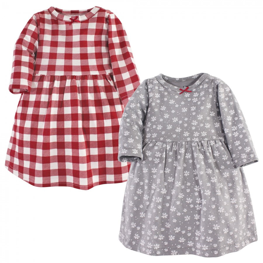 Hudson Baby Infant and Toddler Girl Cotton Long-Sleeve Dresses 2pk, Snowflake, 9-12 Months