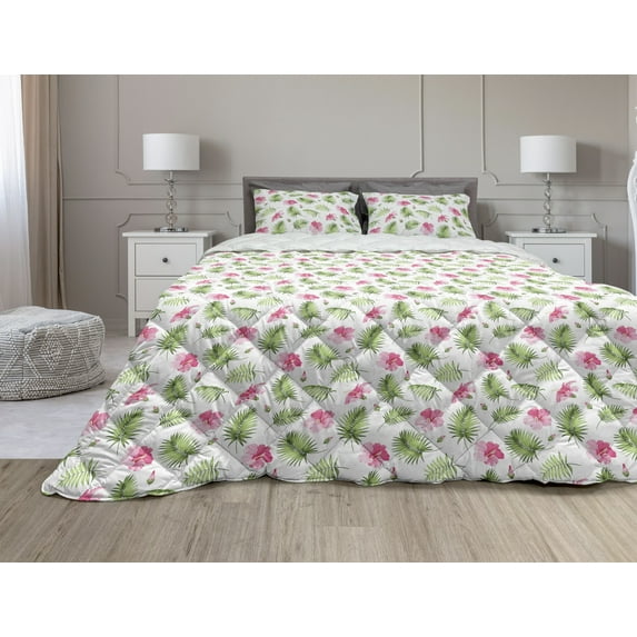 Tropical Comforter & Sham Bedding Set, Pink Hibiscus Flowers with Green Palm Foliage Hawaiian Jungle in Summer, 3 pcs Duvet Set Microfiber Filling Quilt, 5 Sizes, Green Pink and White, by Ambesonne