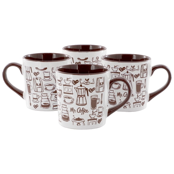 Mr. Coffee Vintage Brew 4 Piece 18 Ounce Coffee Maker Stoneware Mug Set in Brown