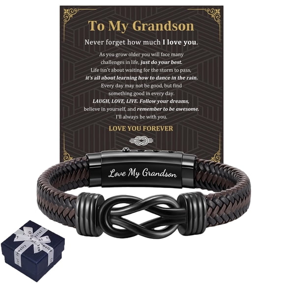 Grandma and Grandson Forever Linked Together Black Braided Leather Bracelets,To My Grandson Bracelet from Grandma,Braided Leather Bracelet for Grandson from Grandparents Birthday Gift(21CM)