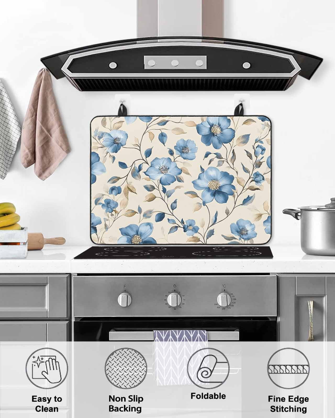 nqOlkjepod Large Induction Cooktop Protector Mat 24"x21", Flower Floral Stove Top Covers for Electric Stove, Watercolor Blue Brown Plant Leaf Branch Stove Burner Cover Mats, Glass Top Stove Cover