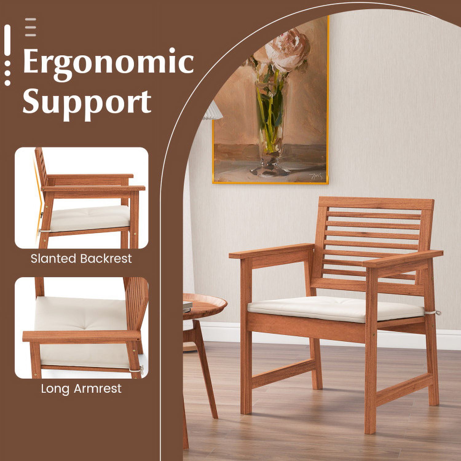 Aimee Lii Set of 2 Patio Solid Wood Dining Chairs with Cushions and Slatted Seat, Outdoor Patio Set