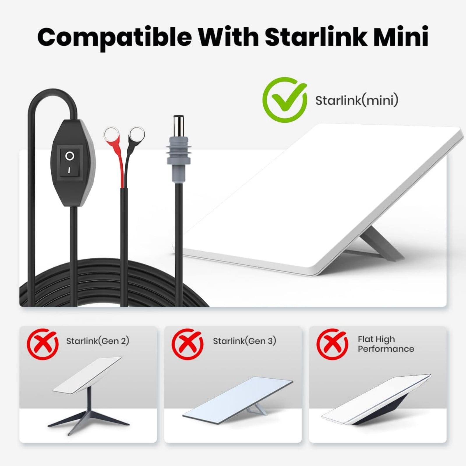 Starlink Mini Battery Power Cable with Switch – 3M/10FT Waterproof DC5521 Connector, 12V RV, Truck, Camping & Marine Off-Grid Power Cord