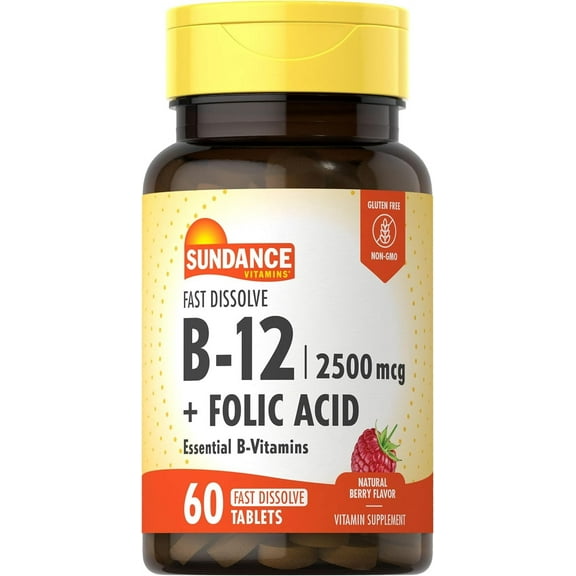 Fast Dissolve Vitamin B-12 | With Folic Acid | 2500mcg | 60 Count | Berry Flavor | by Sundance